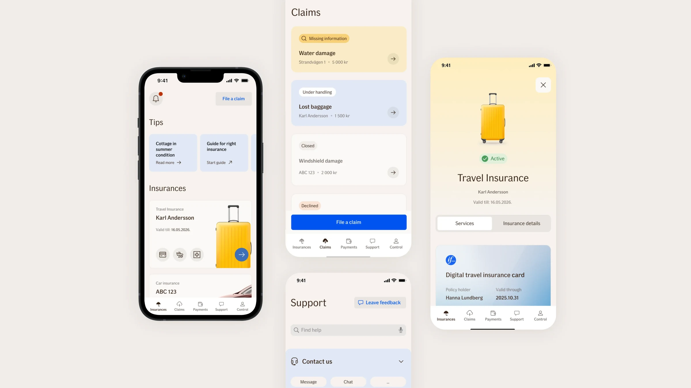 The redesigned If app: home, claims and travel insurance screens