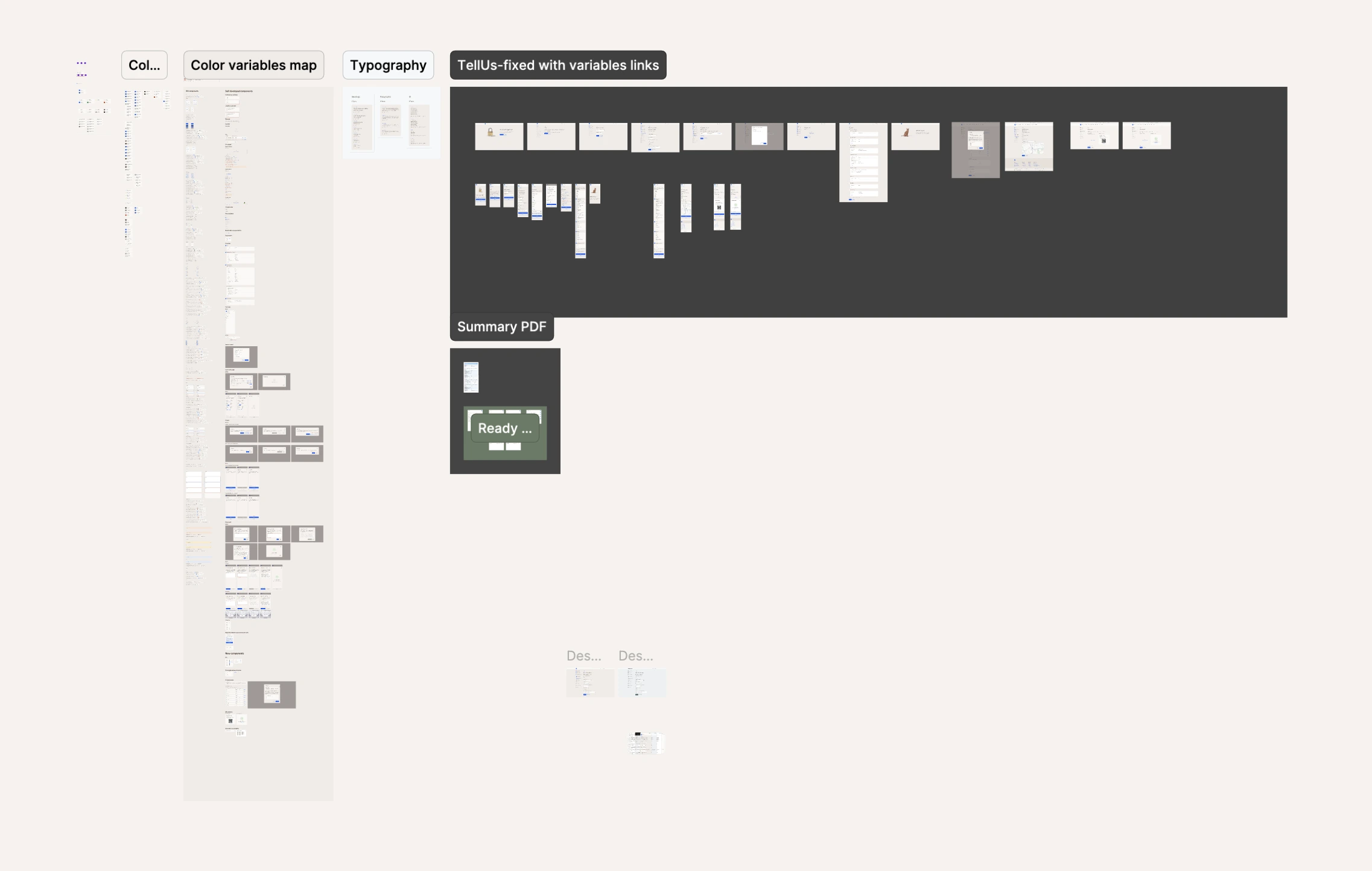 The TellUs library in Figma: colour variables, components and typography, next to the form screens that use them