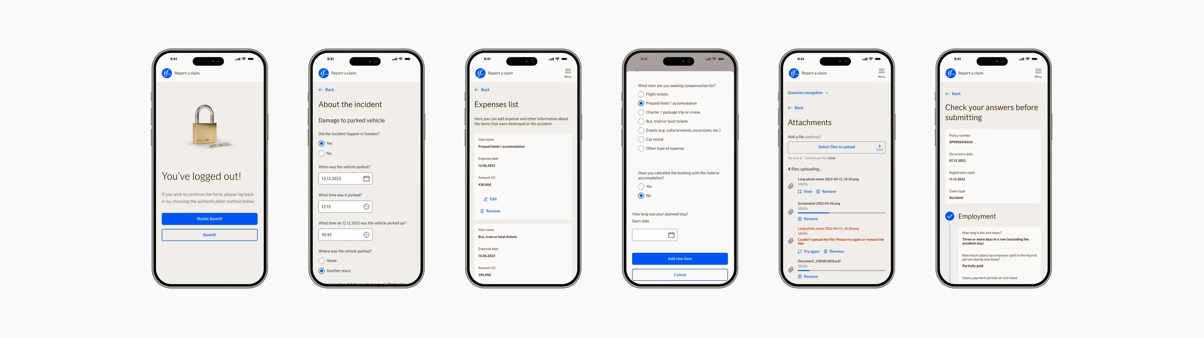 TellUs on six phones: logged out, the form, an expenses list, a contextual form in a modal, file upload and the summary