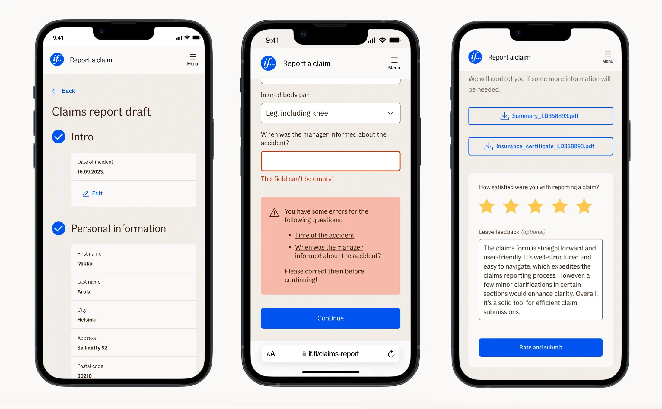 TellUs on three phones: a saved draft, an error summary and a feedback screen