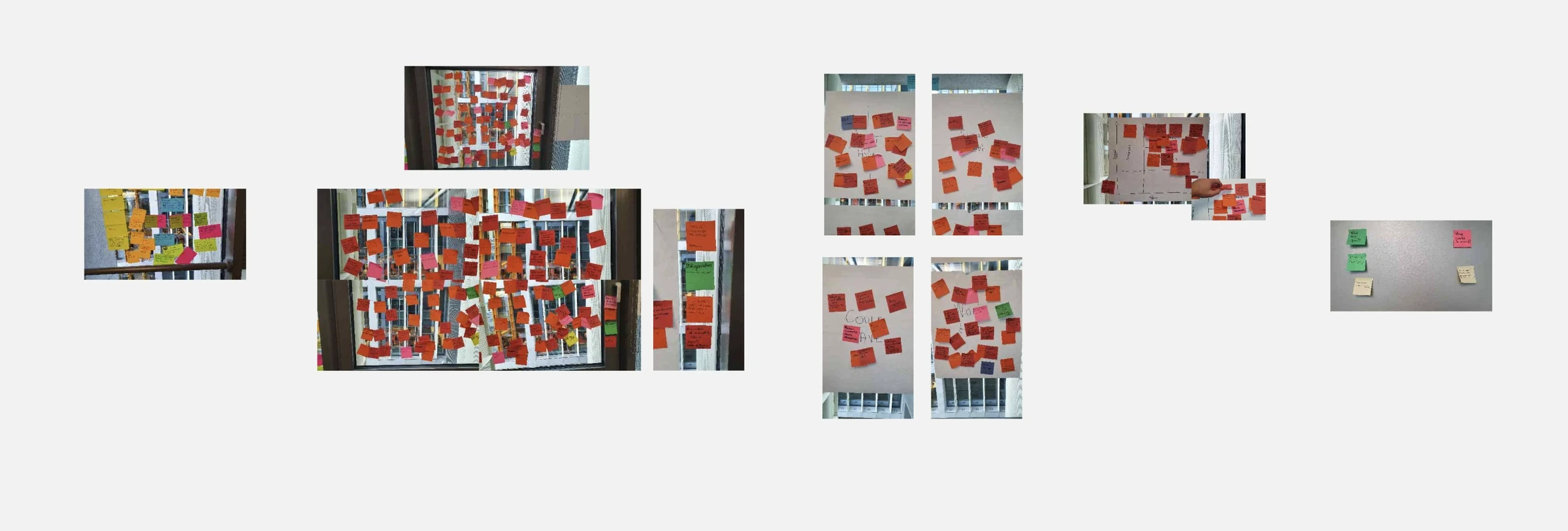 Photos from an on-site workshop, with walls of sticky notes